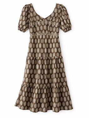 Anna Cate Brown Block Print Tiered Midi Dress Puff Sleeve Bohemian Size M